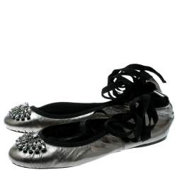 Pre Owned Jimmy Choo Metallic Grey Leather Grace Crystal Embellished Ankle Wrap Ballet Flats Size 40