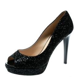 Pre Owned Jimmy Choo Black Coarse Glitter Dahlia Peep Toe Platform Pumps Size 41