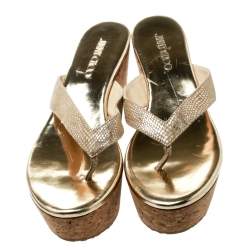 مملوكة مسبقًا Jimmy Choo Beige Python Texture Suede Paque Cork Platform Thong Sandals Size 41