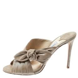 Jimmy Choo Metallic Beige Textured Suede Keely Knotted Bow Peep Toe Slides Size 41