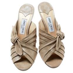 Jimmy Choo Metallic Beige Textured Suede Keely Knotted Bow Peep Toe Slides Size 41