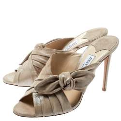 Jimmy Choo Metallic Beige Textured Suede Keely Knotted Bow Peep Toe Slides Size 41