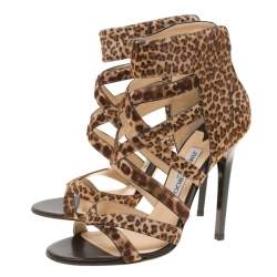 Jimmy Choo Brown Leopard Print Calf Hair Jewel Cage Sandals Size 39