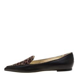 Jimmy Choo Black Leather And Brown Leopard Print Pony Hair Paloma Pointed Toe Flats Size 38