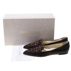 Jimmy Choo Black Leather And Brown Leopard Print Pony Hair Paloma Pointed Toe Flats Size 38
