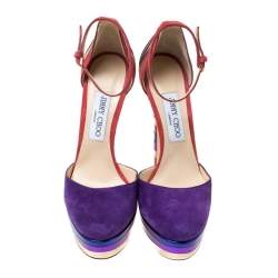 Pre Owned Jimmy Choo Purple Suede and Metallic Leather Macy Ankle Strap Platform Sandals Size 38