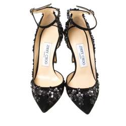 Pre Owned  حذاء كعب عالي جيمي تشو لوسي دورسي مقدمة مدببة سويدي مرصع مورد أسود مقاس 35