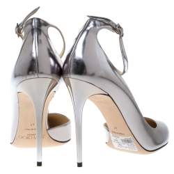 Jimmy Choo Silver Leather Lucy Ankle Strap Pointed Toe D'orsay Pumps Size 41