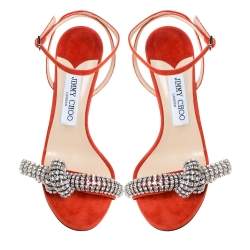 Pre Owned Jimmy Choo Orange Suede Crystal Embellished Thyra Sandals Size 38