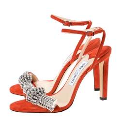 Pre Owned Jimmy Choo Orange Suede Crystal Embellished Thyra Sandals Size 38