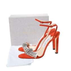 Pre Owned Jimmy Choo Orange Suede Crystal Embellished Thyra Sandals Size 38