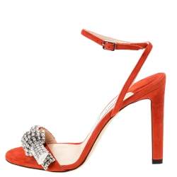 Pre Owned Jimmy Choo Orange Suede Crystal Embellished Thyra Sandals Size 38