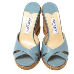 Pre Owned Jimmy Choo Blue Leather Almer 105 Cork And Espadrille Wedges Size 39