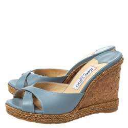 Pre Owned Jimmy Choo Blue Leather Almer 105 Cork And Espadrille Wedges Size 39