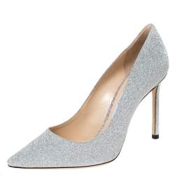 Pre Owned Jimmy Choo Silver Glitter Fabric Romy Pointed Toe Pumps Size 37.5