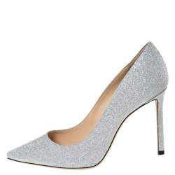 Pre Owned Jimmy Choo Silver Glitter Fabric Romy Pointed Toe Pumps Size 37.5