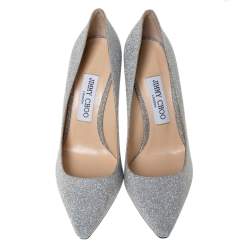 Pre Owned Jimmy Choo Silver Glitter Fabric Romy Pointed Toe Pumps Size 37.5
