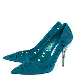 Pre Owned Jimmy Choo Blue Suede Leather Talka Lazer Cut Pointed Toe Pumps 39