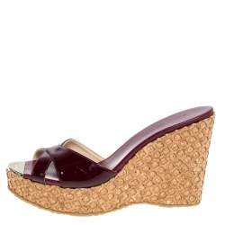 Pre Owned Jimmy Choo Burgundy Patent Leather Perfume Platform Wedge Slides Size 40