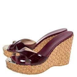 Pre Owned Jimmy Choo Burgundy Patent Leather Perfume Platform Wedge Slides Size 40