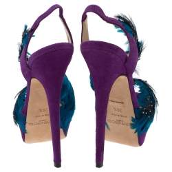 Pre Owned  Jimmy Choo Tricolor Suede Limited Edition Marlene Feather Embellished Sandals Size 36.5
