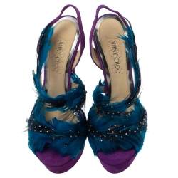 Pre Owned  Jimmy Choo Tricolor Suede Limited Edition Marlene Feather Embellished Sandals Size 36.5