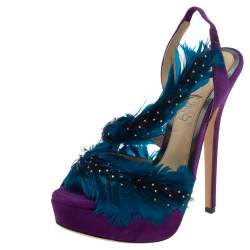 Pre Owned  Jimmy Choo Tricolor Suede Limited Edition Marlene Feather Embellished Sandals Size 36.5