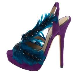 Pre Owned  Jimmy Choo Tricolor Suede Limited Edition Marlene Feather Embellished Sandals Size 36.5