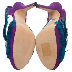 Pre Owned  Jimmy Choo Tricolor Suede Limited Edition Marlene Feather Embellished Sandals Size 36.5