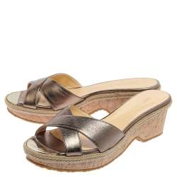 Pre Owned Jimmy Choo Metallic Olive Green Leather Prima Cork Wedge Slide Sandals Size 38