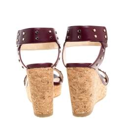 Pre Owned Jimmy Choo Maroon Studded Leather Veto Wedge Platform Sandals Size 38.5