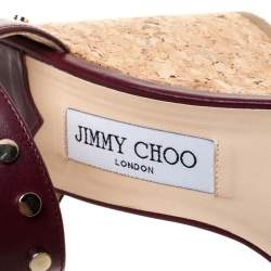 Pre Owned Jimmy Choo Maroon Studded Leather Veto Wedge Platform Sandals Size 38.5
