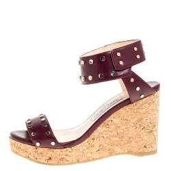 Pre Owned Jimmy Choo Maroon Studded Leather Veto Wedge Platform Sandals Size 38.5