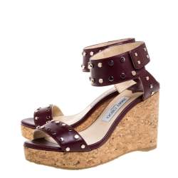Pre Owned Jimmy Choo Maroon Studded Leather Veto Wedge Platform Sandals Size 38.5
