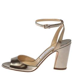Pre Owned Jimmy Choo Gold Leather Miranda Peep Toe Ankle Strap Sandals Size 37