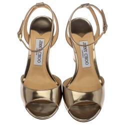 Pre Owned Jimmy Choo Gold Leather Miranda Peep Toe Ankle Strap Sandals Size 37
