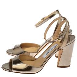 Pre Owned Jimmy Choo Gold Leather Miranda Peep Toe Ankle Strap Sandals Size 37