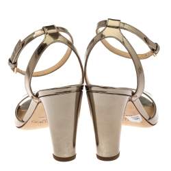 Pre Owned Jimmy Choo Gold Leather Miranda Peep Toe Ankle Strap Sandals Size 37