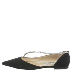مملوكة مسبقًا Jimmy Choo Black Suede Trude Crystal Embellished Pointed Toe Flats Size 39
