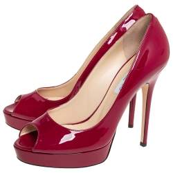 Pre Owned Jimmy Choo Red Patent Leather Crown Peep Toe Pumps Size 40