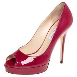 Pre Owned Jimmy Choo Red Patent Leather Crown Peep Toe Pumps Size 40