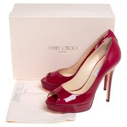 Pre Owned Jimmy Choo Red Patent Leather Crown Peep Toe Pumps Size 40