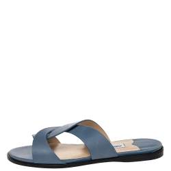 مملوكة مسبقًا Jimmy Choo Blue Leather Atia Crossover Strap Flat Slides Size 40