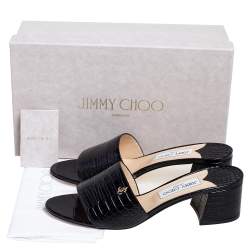 مملوكة مسبقًا صندل سلايد جيمي تشو مينا جلد  بنقشة التمساح أسود لامع مقاس 41