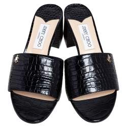 مملوكة مسبقًا صندل سلايد جيمي تشو مينا جلد  بنقشة التمساح أسود لامع مقاس 41