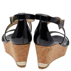 Pre Owned Jimmy Choo Black Patent Leather Portia Cork Wedge Crisscross Strap Sandals Size 38