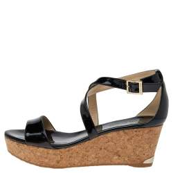Pre Owned Jimmy Choo Black Patent Leather Portia Cork Wedge Crisscross Strap Sandals Size 38