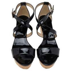 Pre Owned Jimmy Choo Black Patent Leather Portia Cork Wedge Crisscross Strap Sandals Size 38