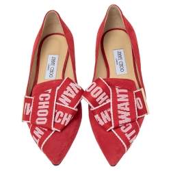 Pre Owned Jimmy Choo Red Suede Logo Bow Gleam Pointed Toe Ballet Flats Size 39