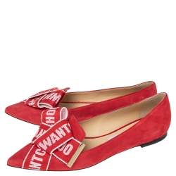Pre Owned Jimmy Choo Red Suede Logo Bow Gleam Pointed Toe Ballet Flats Size 39